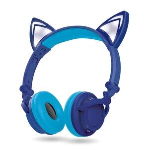 LED Light‑Up Kawaii Cat Bluetooth/Wired Headphones, Kids Over‑Ear Headset, Blue